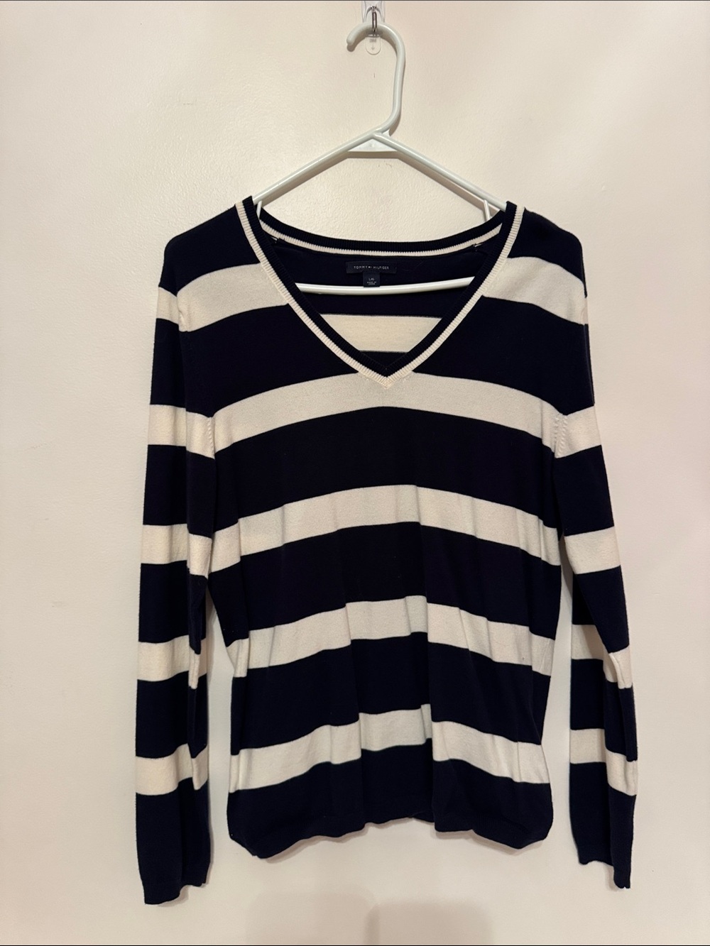 Tommy Hilfiger Navy & White Striped V-Neck Sweater